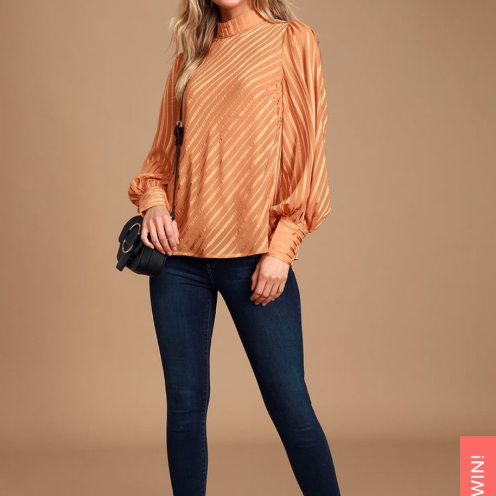 Peach Striped Mock Neck Long Sleeve Open Back Top